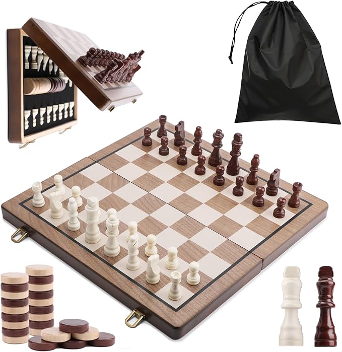 15 Inch Magnetic Wooden Chess Set with Folding Board and Chess Piece Storage Slot Handmade Portable Travel Chess Game Sets for Kids Adults Beginner and Pros Carry Bag 2 Extra Queens