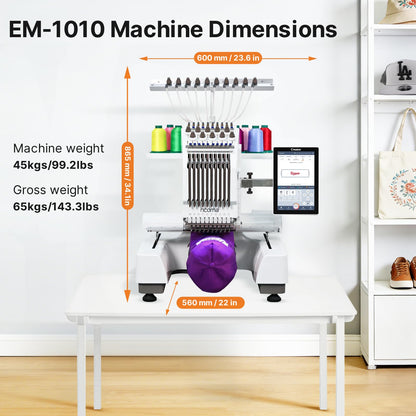 Ricoma EM-1010 Commercial Embroidery Machine for Small Business, 10-Needle, 10.1" Touchscreen, Automatic thread trimmer, 3D Cap/Flat/T-Shirt/Fabric Embroidery, Not Including Steel Stand