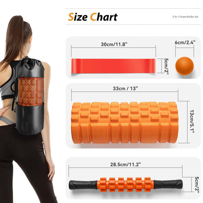 5 in1 Foam Roller Set, Trigger Point Foam Roller, Massage Roller Stick, Massage Ball, Resistance Band for Deep Muscle Massage Pilates Yoga,Fitness Exercise for Whole Body (Black-Red)