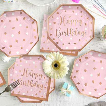 Rose Gold Birthday Party Supplies - Disposable Paper Plates Napkins Cups Tablecloth &amp Banner for Girl/Women Celebration Serves 25 - Decorate with Our Rose Gold Plates and Napkins Set