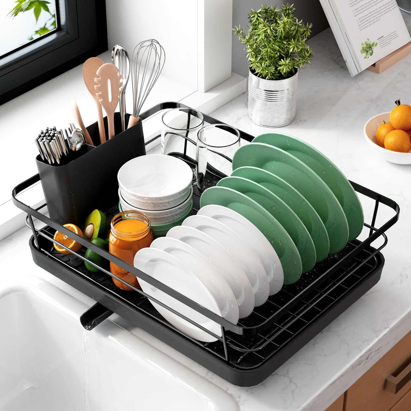 Kitsure Dish Drying Rack for Kitchen Counter, Stainless Steel Sink Organization and Storage Essentials with Cutlery Holder, Home and Appartment Decor, 12''W x 15.5''L, Black