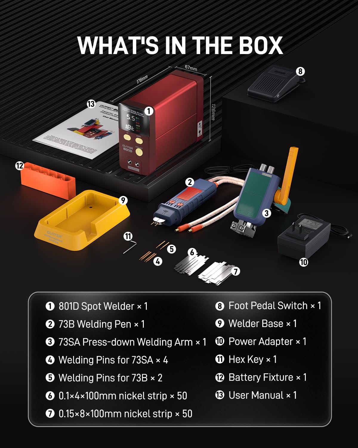 GLITTER Spot Welder, 14500W 2500A Battery Spot Welder, Auto & Manual Capacitor Spot Welder for Lithium Batteries, 99 Gears Adjustable Battery Welder for 18650 LiFePO4 Lithium Battery Pack DIY, 801D