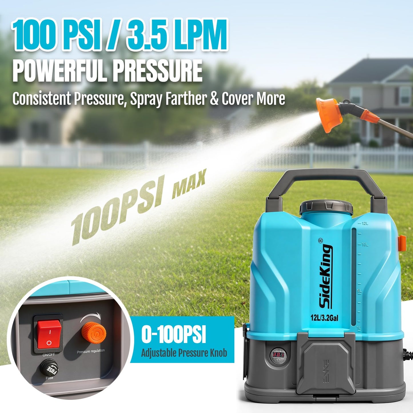 SideKing 3.2 Gallon Battery Powered Backpack Sprayer, 100 PSI Powerful Electric Sprayer Compatible with DeWalt 20V Battery, Max 0.9 GPM, 5 Nozzles & 2 Spray Wands for Lawn, Yard, Weed & Pest Control