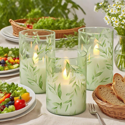 Silverstro Green Flameless Candles with Remote Control - Willow Leaf Design Battery Operated Candles - Elegant Home Christmas Spring Summer Decor Set of 3