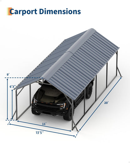 Garveelife 11 ft x20 ft x9 ft Vertical Roof Metal Carport, Heavy Duty Steel Car Ports for All-Weather, for Full-Size Pickup Trucks, Boats, and Tractors