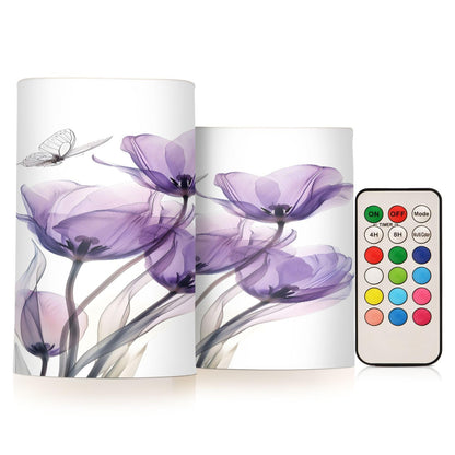 ALAZA Three Purple Tulips Flameless Candles, LED Pillar Candles with Remote Timer, Battery Operated Candles Set of 2