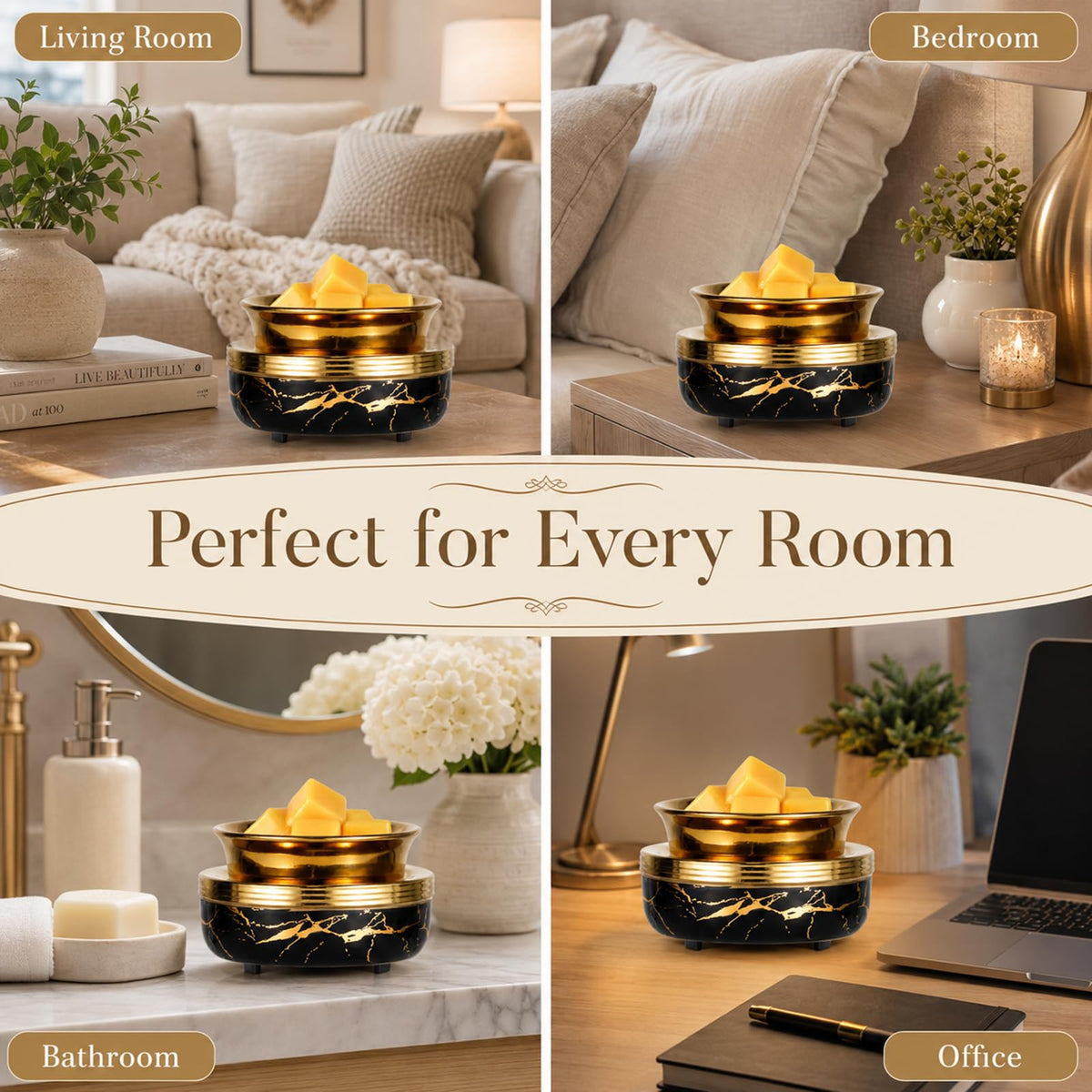 Mocosa Ceramic Wax Melt Warmer 3-in-1 Candle Warmer Electric Wax Warmer for Scented Wax Melter Burner for Home,Office, for Mom Women（Black Gold）