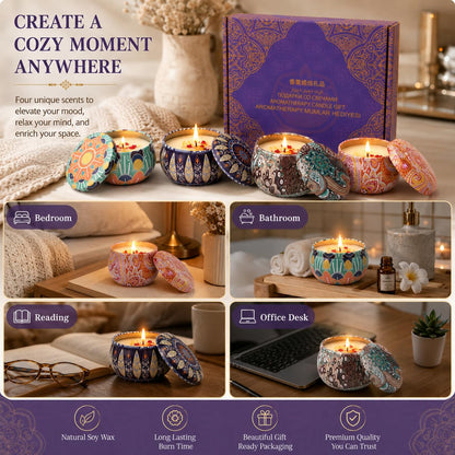 Scented Candles Gift Set for Women, 4 Pack Soy Wax Aromatherapy Candles, Lavender Lemon Vanilla White Peach Mini Tin Candles for Home, Bath, Spa, Travel, Gifts for Mom Her