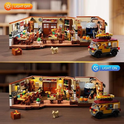 City Street Pizza Restaurant Building Set with Light 1098PCS Pizzeria House Architecture Model with Retro Pizza Van Home Decor Construction Building Block Gift for Adults Teens Boys Girls 10+