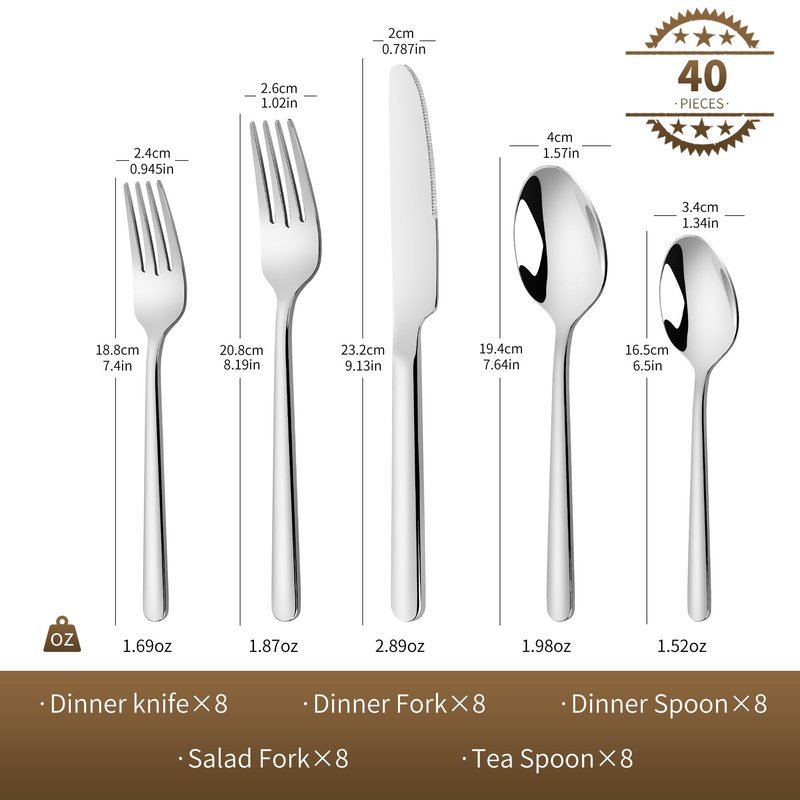 40 Piece Heavy Silverware Set for 8, 18/10 Stainless Steel Flatware, Cutlery Set Morror Polished, Dishwasher Safe for Home, Restaurant, Wedding, Party