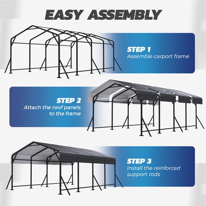 EROMMY 12' x 20' Heavy Duty Metal Carport with Galvanized Steel Roof & Base for All-Weather Protection, Outdoor Carport Garage, Versatile for Car, Boat, Tractor, and Party Use, Dark Gray