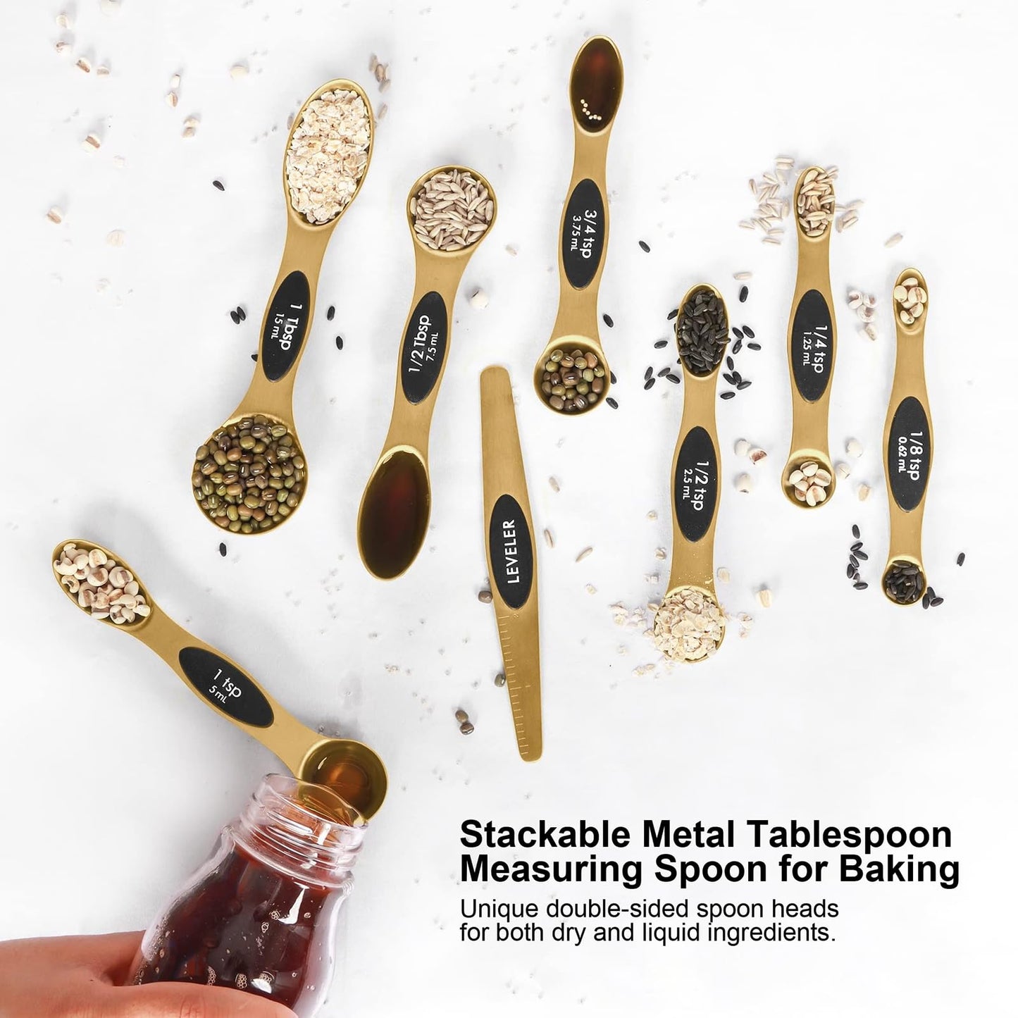 Magnetic Measuring Spoons Set Stainless Steel with Leveler-9pcs Stackable Measuring Cups for Baking-Measuring Cups and Spoon Set Kitchen Gadgets Apartment Essentials Fits in Spice Jars