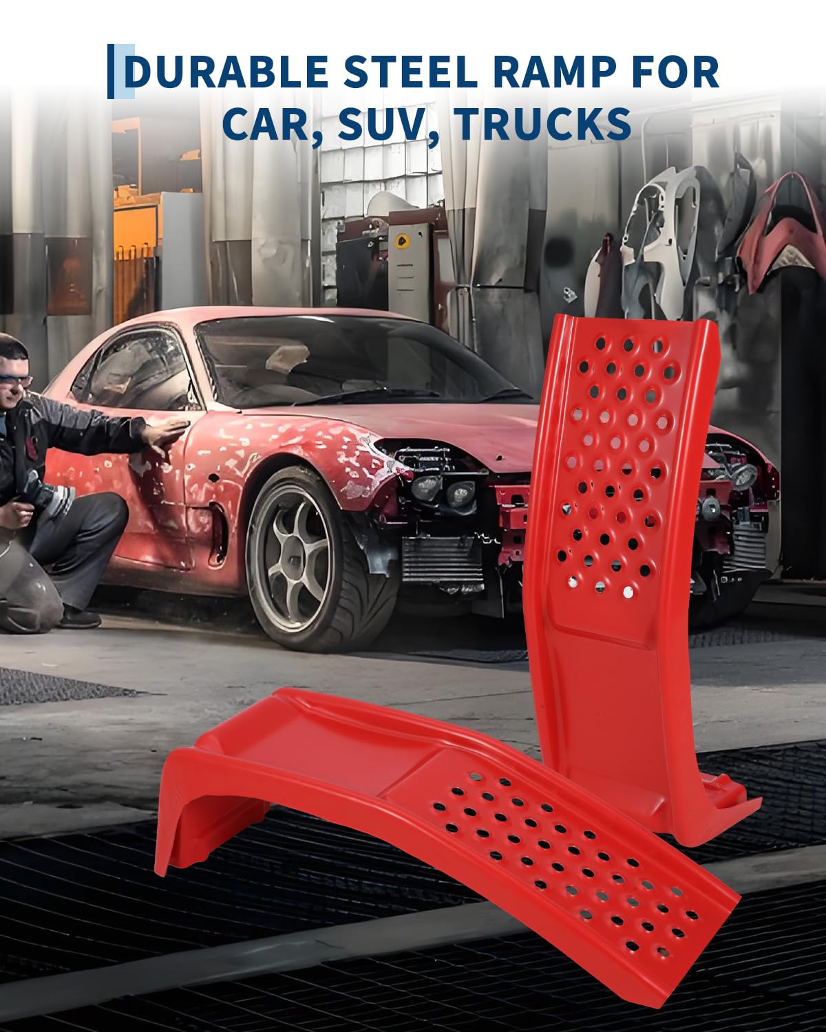 Heavy Duty Low Profile Car Ramps 8" Lift (2 Pack) - 8000LB Capacity Solid Steel Auto Ramps for Trucks, SUVs - Ideal for Oil Changes, Tire Rotation & Maintenance - 4000LB Per Ramp, Red