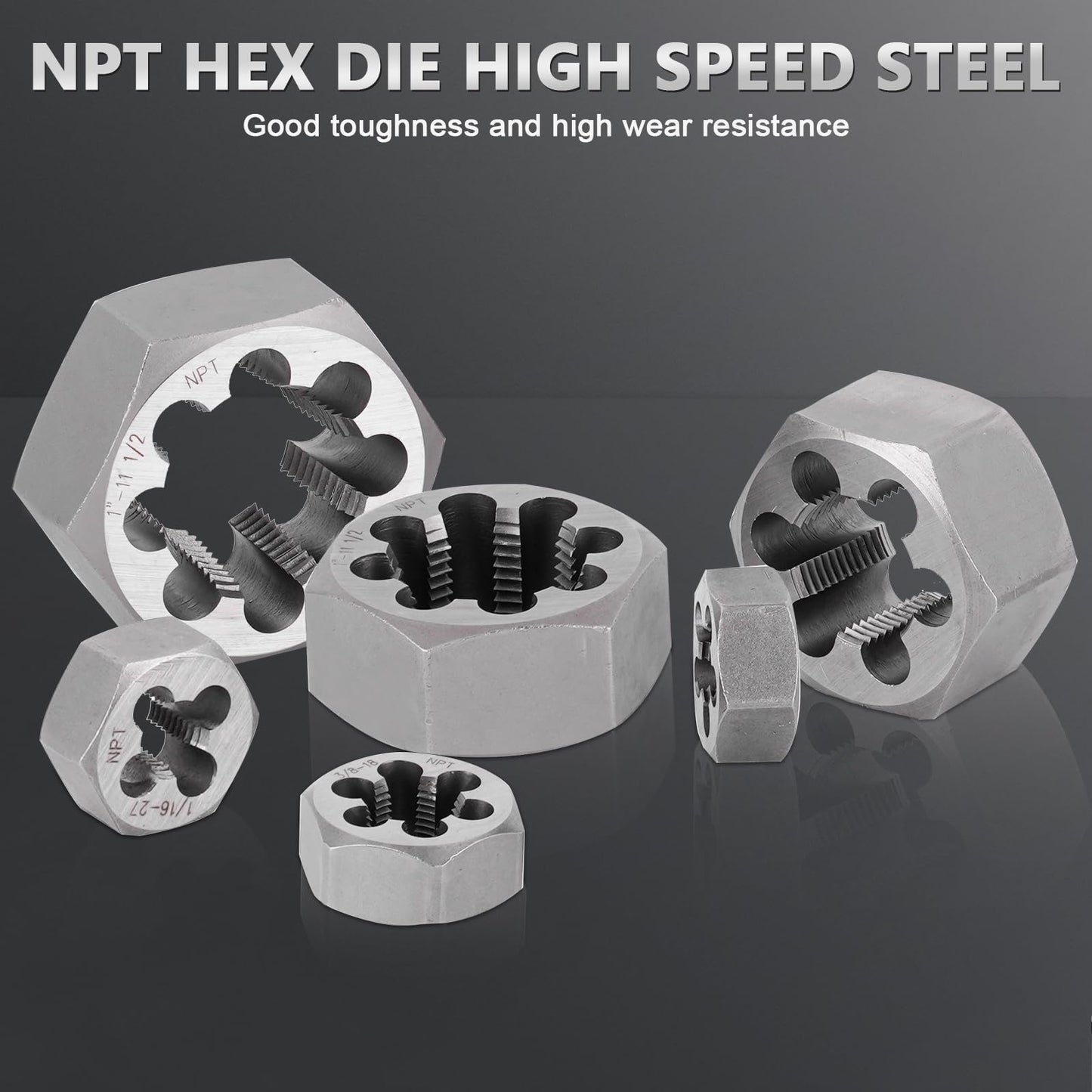 Consfly NPT Pipe Tap and Die Set, Hex Die Set 1/16", 1/8", 1/4", 3/8", 1/2", 3/4" and 1", 15pcs High Speed Steel Taps & Dies with Storage Case