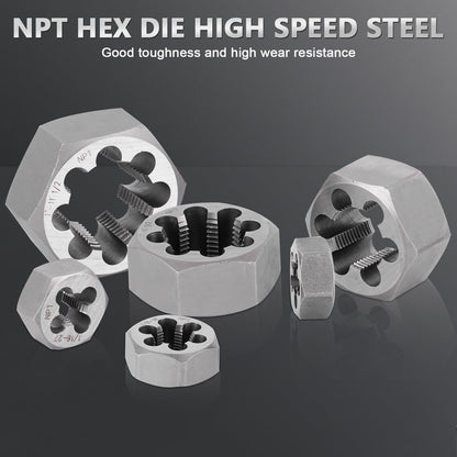 Consfly NPT Pipe Tap and Die Set, Hex Die Set 1/16", 1/8", 1/4", 3/8", 1/2", 3/4" and 1", 15pcs High Speed Steel Taps & Dies with Storage Case