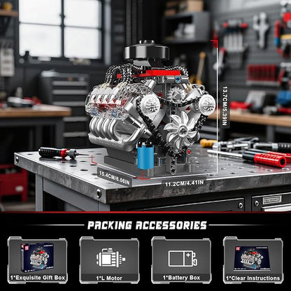 Mould King 10171 V8 Engine Model Kit Mini V8 Engine Kits That Runs Build Your Own Car Model Engine with Motor Collectible Building Blocks for Adults DIY STEM Construction Toys for Display