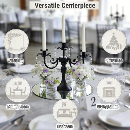 KEHAIL Metal 3 Arm Candelabra with Crystal Pendants - 11.8 Inch Tall Candle Holders, Set of 2 - Elegant Taper Candlestick Stand for Wedding, Dining Table, Christmas Party Home Decoration (2, Black)