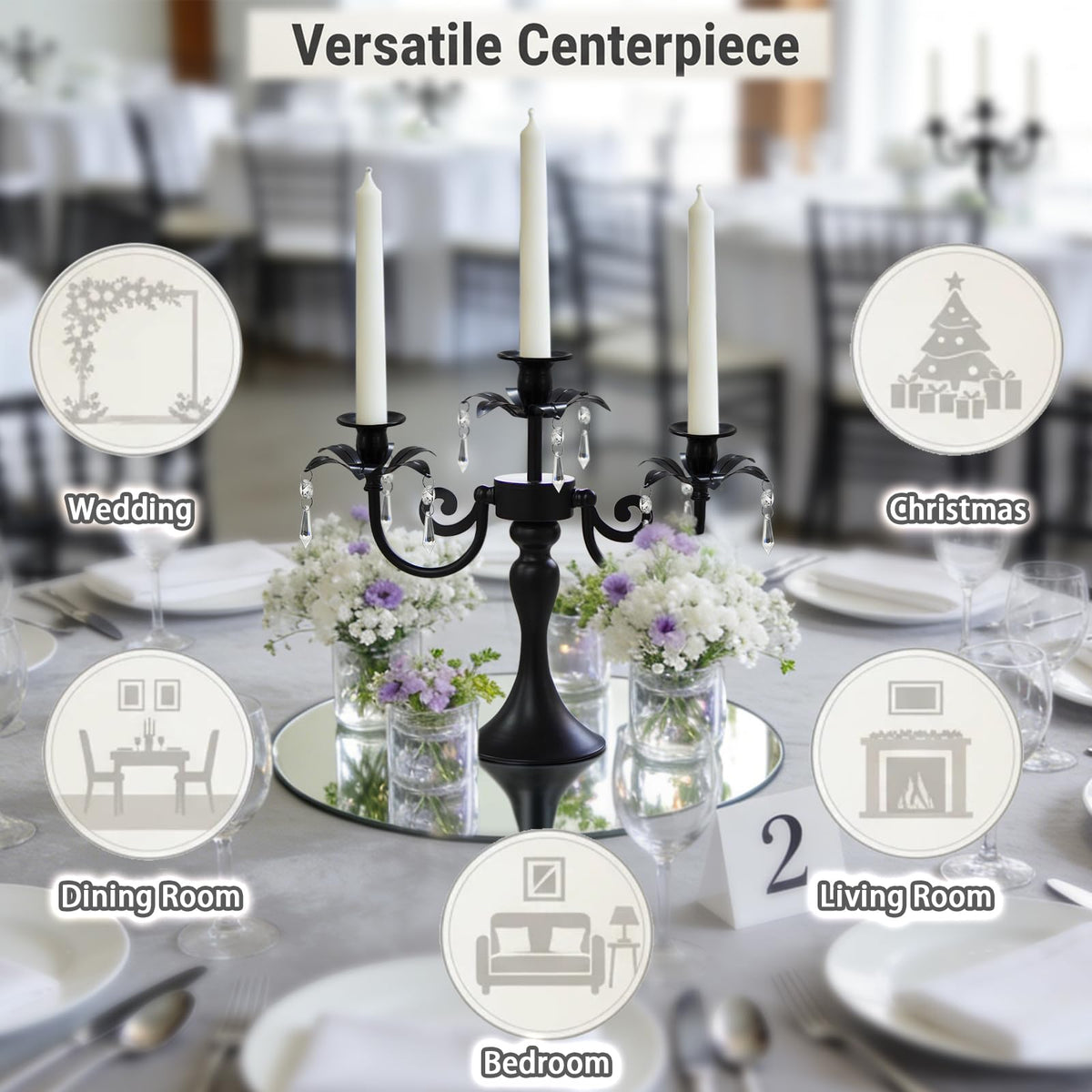 KEHAIL Metal 3 Arm Candelabra with Crystal Pendants - 11.8 Inch Tall Candle Holders, Set of 2 - Elegant Taper Candlestick Stand for Wedding, Dining Table, Christmas Party Home Decoration (6, Black)