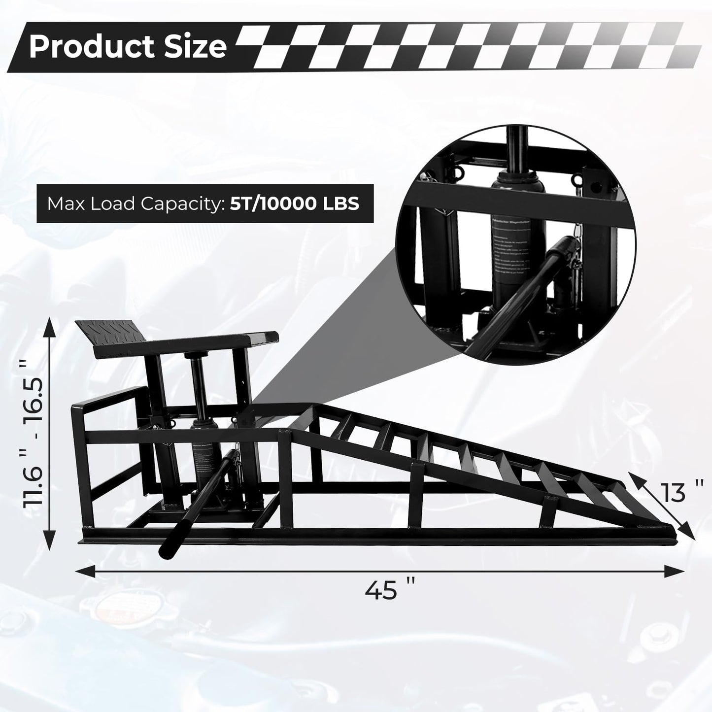 Rovibek 2 Pack Hydraulic Car Ramps, 11000LBS 5T Car Ramp High Lift 11.6"-16.5", Heavy Duty Steel Car Lift Ramp, Automotive Truck Service Ramps for Oil Changes Maintenance, Black