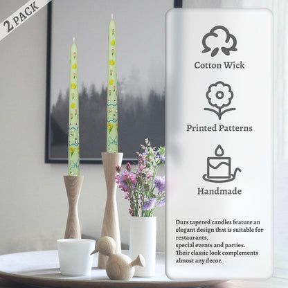Floral Taper Candles 10 Inch Tall Unscented Handmade Light Green Rabbit Print Long Burning Elegant Candlesticks for Wedding Dinner Home Decor