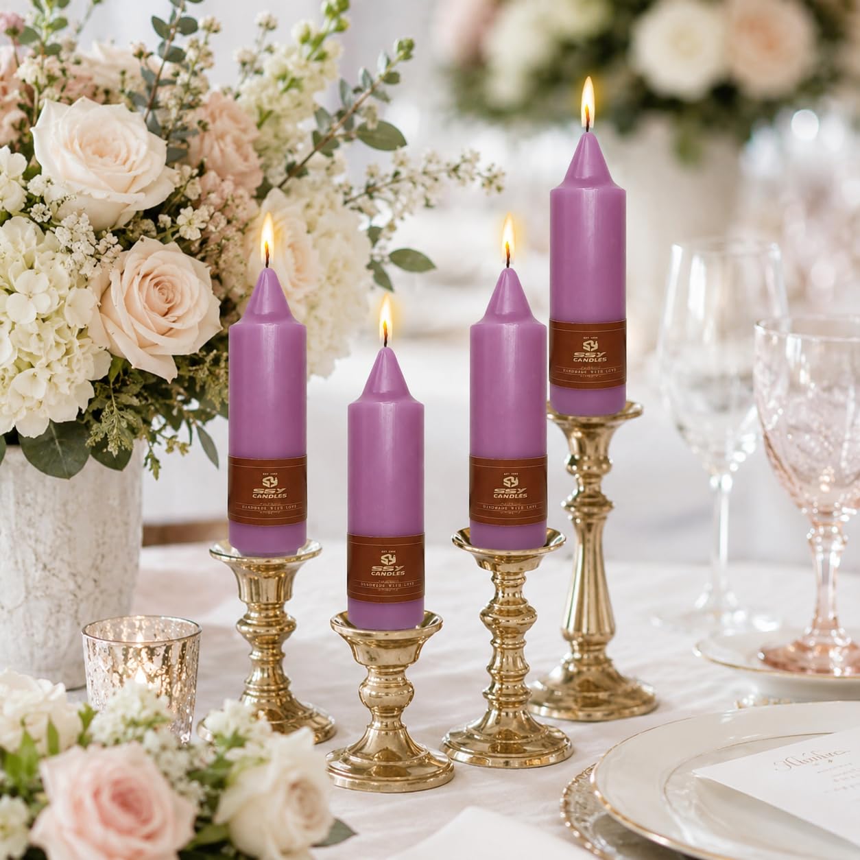 Short Taper Candles Set of 4, 5 Inch Plum Purple Handmade Candlesticks, Unscented Tapered Candles, Candle Sticks for Wedding Dinner Table Home Decor Gift