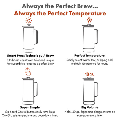 Nextmug Press - Temperature-Controlled, Self-Heating French Press (White - 40 oz.)