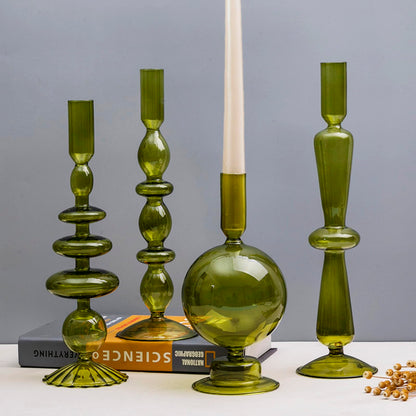 Amanman Candle Stick Candle Holder, Glass Candle Holders for Table Centerpiece, Modern Style Green Candle Holder Mixed 4pcs