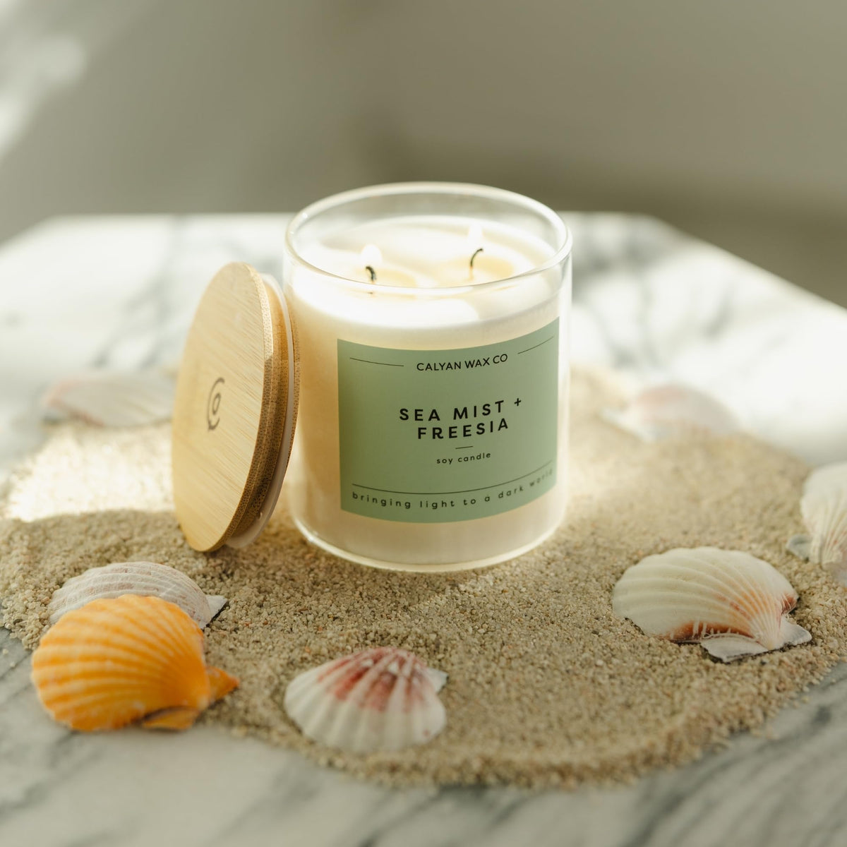 Calyan Wax Co. Sea Mist & Freesia 2 Wick Scented Candle - 37 Hour Burn - Luxury Clean Soy Wax Candles - Long Lasting Large Glass Jar Candle for Home - 8.8oz