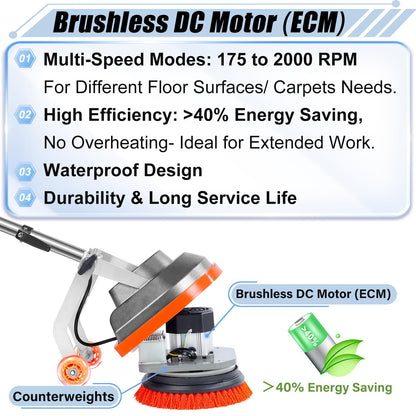 HHQ Commercial Floor Scrubber Machine with Brushes and Pads, Heavy Duty Floor Cleaner Polisher and Buffer- Deep Cleaning Tile and Grout, Hardwood Floors and Carpets without Getting on Hands and Knees
