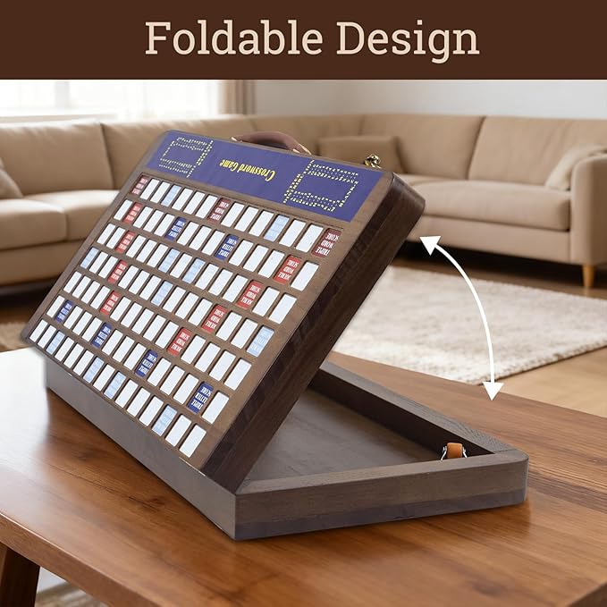 Wooden Folding Crossword Board Game – Word Game Set with 100 Letter Tiles Sand Timer Pencil Racks &amp Bag – Portable Wooden Game for Adults &amp Family