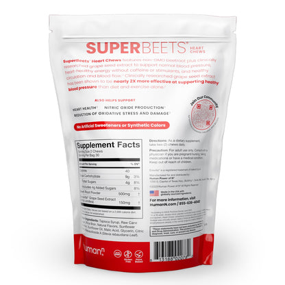 HumanN SuperBeets Heart Chews, Nitric Oxide and Blood Pressure Support, Grape Seed Extract & Non-GMO Beet Root Powder Energy Supplement, Pomegranate Berry Flavor, 60 Count