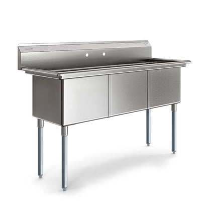 KoolMore 60 in. Three Compartment 18-Gauge Stainless-Steel NSF Commercial Kitchen Sink, Bowl Size 18x18x14, with Three Basins and Pre-Drilled Faucet Holes for Restaurants and Cafes (KM-SC181814-N3)
