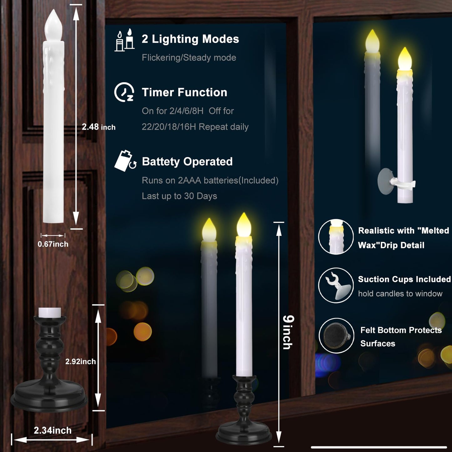 Kithouse Flameless Candles 10 Pack Battery Operated Window Candles with Drip Texture,Remote Timer,10 Removable Candle Holders,Suction Cups,20 AA Batteries for Home Decor Christmas Wedding (Black)