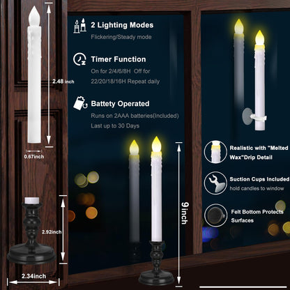 Kithouse Flameless Candles 10 Pack Battery Operated Window Candles with Drip Texture,Remote Timer,10 Removable Candle Holders,Suction Cups,20 AA Batteries for Home Decor Christmas Wedding (Black)