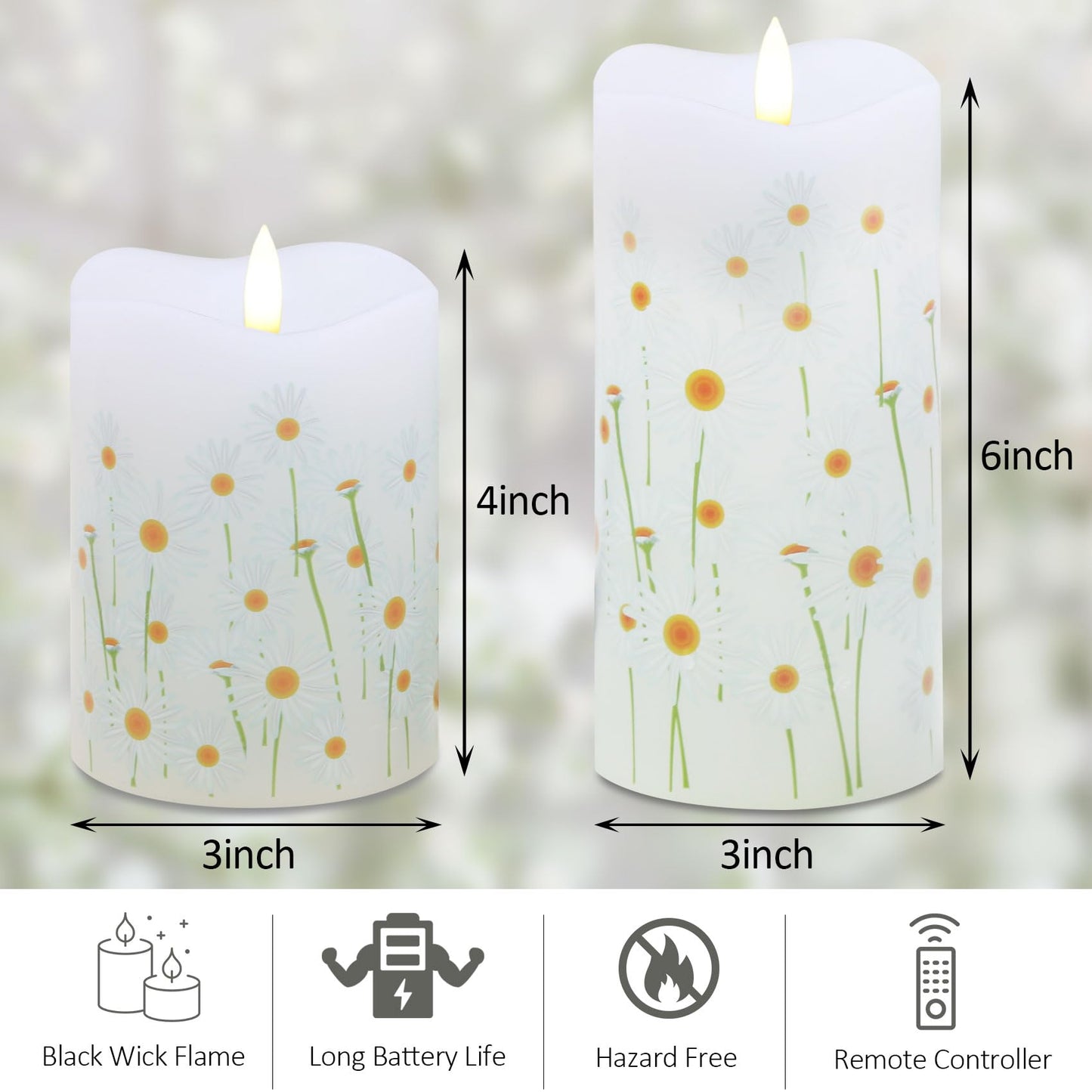Eywamage White Floral Flameless Pillar Candles with Remote, Flickering Spring Daisy Battery LED Candles Set of 2