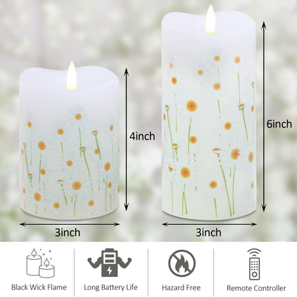 Eywamage White Floral Flameless Pillar Candles with Remote, Flickering Spring Daisy Battery LED Candles Set of 2