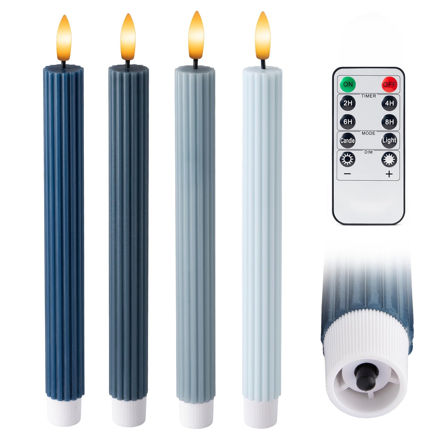 WYZworks Coordinated Blue Dawn Overcast Blues 4 Pack, 10" Real Wax LED Flameless Fluted Ribbed Grooved Taper Candles, Remote & Timer Memory, On/Off Button, Dimmable, Battery Operated, Menorah Wedding