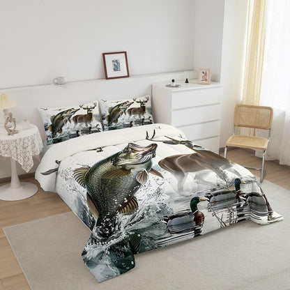 Feelyou Boys Girls Deer Pike Fish Duvet Insert Twin Size, Bass Big Fish Comforter Set Fishing and Hunting Bedding Set Kids Teens Bedroom Decor Bed Set 2Pcs