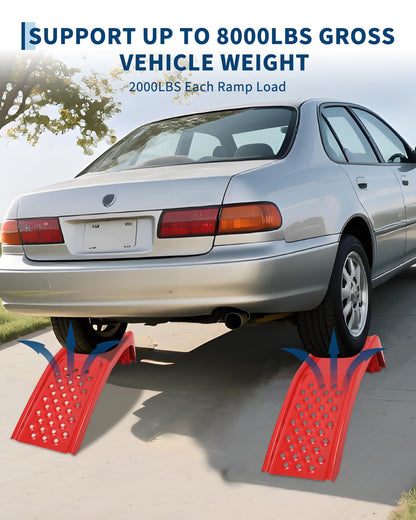 Heavy Duty Low Profile Car Ramps 8" Lift (2 Pack) - 8000LB Capacity Solid Steel Auto Ramps for Trucks, SUVs - Ideal for Oil Changes, Tire Rotation & Maintenance - 4000LB Per Ramp, Red