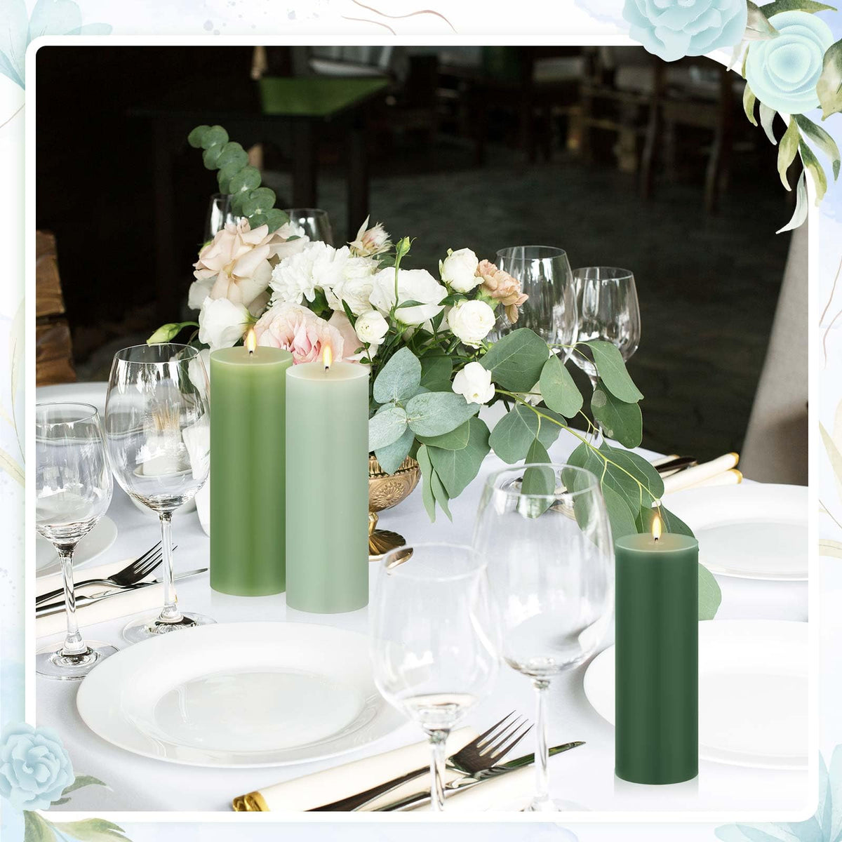 Conelist Set of 6 Gradient Green Pillar Candles 2 x 6 Inch Decorative Unscented Column Candles for Wedding Thanksgiving Christmas Holiday Church Dinner Table Home Relaxation Spa Decor