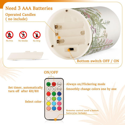 BOENLE Flickering Flameless Candles, Flowers Herbs Wildflowers Botanical LED Candles with Remote Timer, Set of 2 Battery Operated Candle for Valentine Wedding Birthday