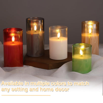 Eywamage Gold Ribbed Glass Flameless Pillar Candles with Remote, Flickering LED Wax Candles Battery Operated Set of 3