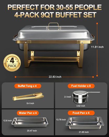 Chafing Dishes for Buffet, 4 Pack 9 QT Rectangular Stainless Steel Catering Chafer with Lids, Buffet Servers and Warmers, Food Warmers for Parties Buffet, Home, Wedding, Christmas Gatherings, (Golden)