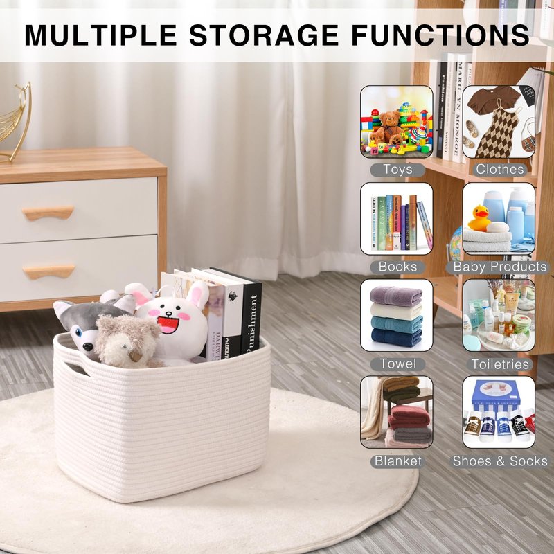 ICERZCZ Storage Baskets for Organizing Shelves, Woven Cotton Rope Bins for Baby Nursery Organization, Book Toy Towel Organizer, 15"x11"x9.5", 3 Packs, Off White