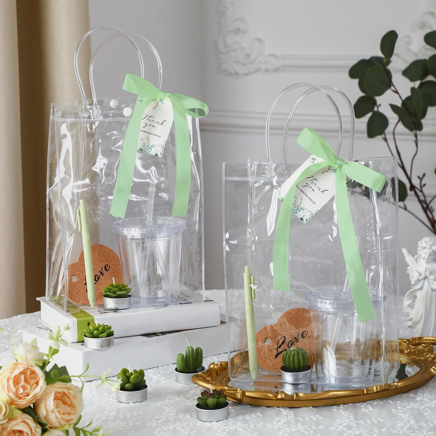 MotiMind 6 Sets Succulent Baby Shower Prizes for Game Players Baby Shower Winners Guest Gifts Green Cactus Candle Tumbler Coaster Pen Gift Bag Wedding Bridal Game Prizes Party Favors