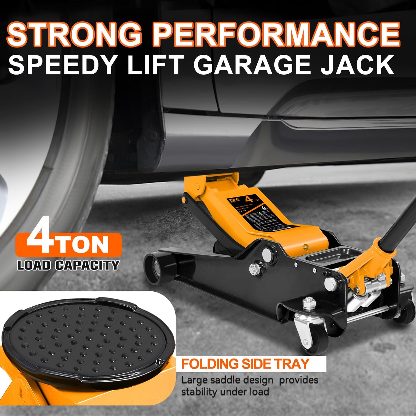 PM PERFORMOTOR Low Profile Hydraulic Trolley Service/Floor Jack, 4 Ton (8000 lbs) Capacity, Lifting Range 4.5"-20", Orange,PM-TOL-FJ40-OG