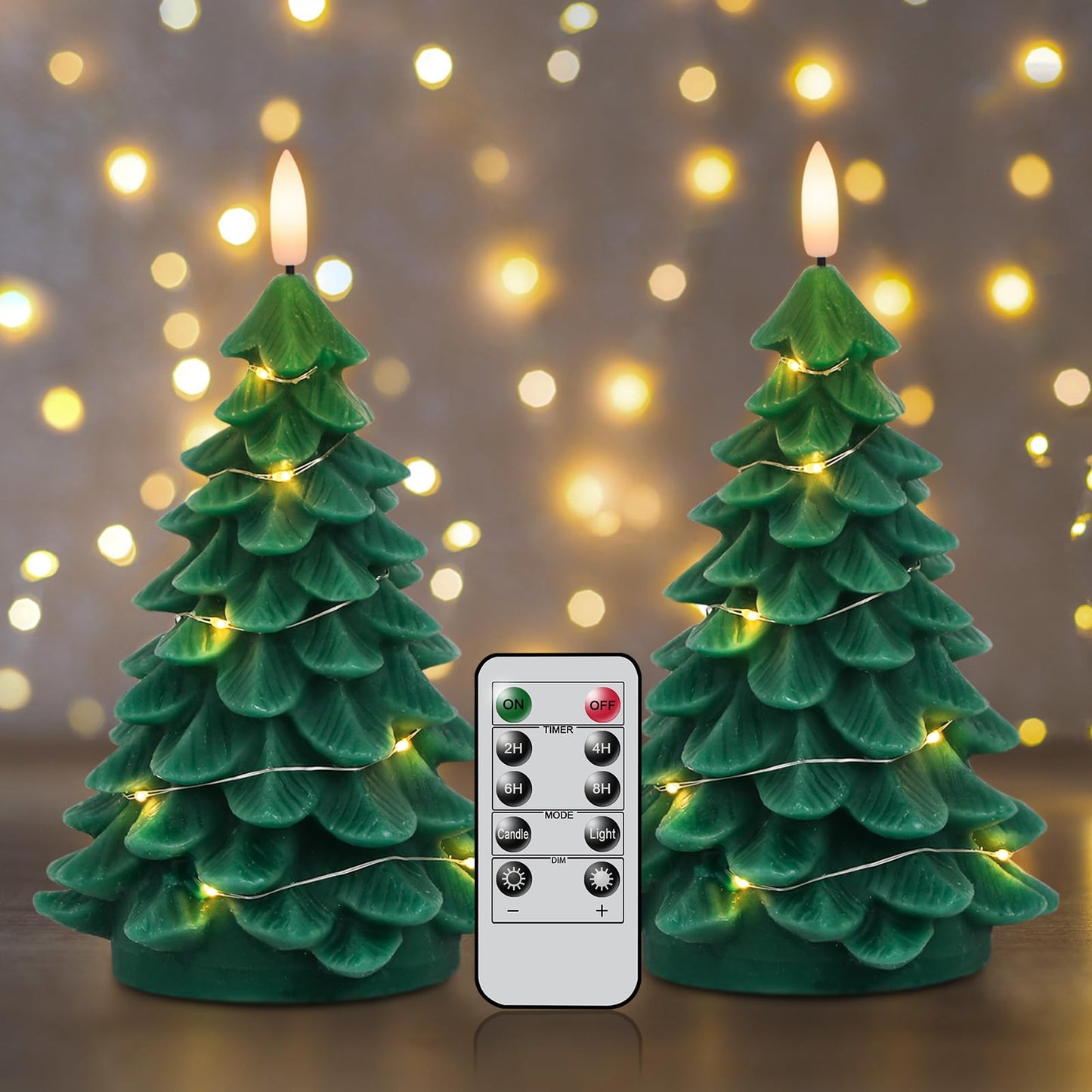 DRomance Christmas Tree Flameless Candles String Lights with 10-Key Remote and Timer, 2 Pack Green Real Wax Battery Operated 3D Wick LED Flickering Candles Dinner Holiday Indoor Decor(3" x 7.1")