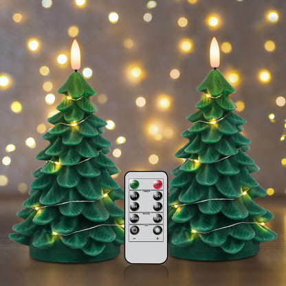 DRomance Christmas Tree Flameless Candles String Lights with 10-Key Remote and Timer, 2 Pack Green Real Wax Battery Operated 3D Wick LED Flickering Candles Dinner Holiday Indoor Decor(3" x 7.1")