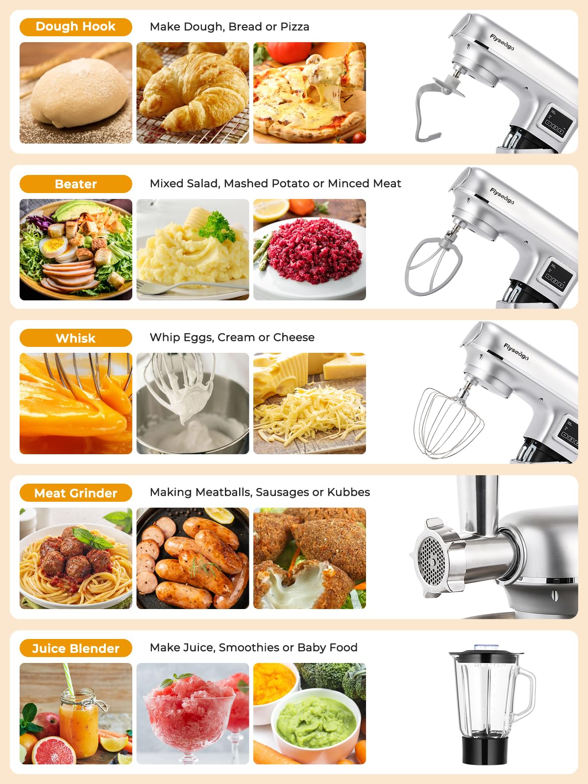 Flyseago Stand Mixer 8-IN-1 8.5 Qt 2000W Multifunctional Fermentation Electric Kitchen Mixer 6 Speed Tilt-Head with Stainless Steel Bowl, 1.5L Glass Jar Meat Grinder Dough Hook Whisk Pasta Attachment