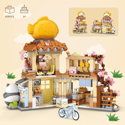 Japanese Street View Taiyaki Shop Mini Building Blocks MOC Creative Building Toys Cute Panda Building Set for Kids 6-12 Simulation Architecture Construction Toy Gift Idea for Kids Adults (858 PCS)